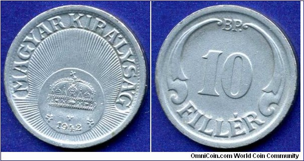 10 fillér.
Kingdom of Hungary.
*BP* - Budapesht mint.
Mintage 24,963,000 units.


Steel.