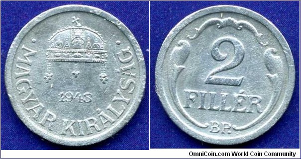 2 fillér.
Kingdom of Hungary.
*BP* - Budapesht mint.
Mintage 37,000,000 units.


Zn.