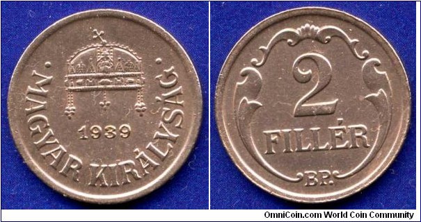 2 fillér.
Kingdom of Hungary.
*BP* - Budapesht mint.
Mintage 18,875,000 units.


Br.