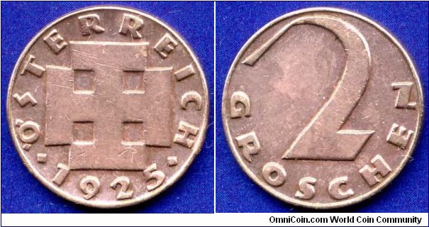 2 groschen.
Austrian Republic.
After-Reform coinage.
Mintage 28,892,000 units.


Br.