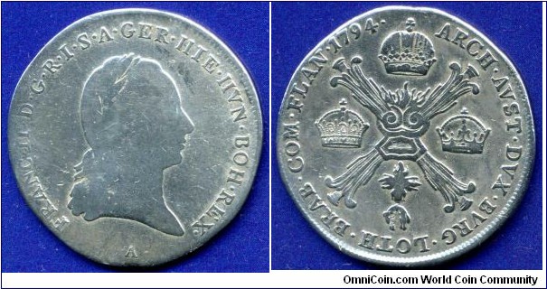 1/4 Kronenthaler (Virtelthaler, Halbgulden).
Austrian Netherlands.
Francisc II (1792-1806), Emperor of Holy Roman Empire.
*A* - Wien mint.


Ag873f. 7,36gr.