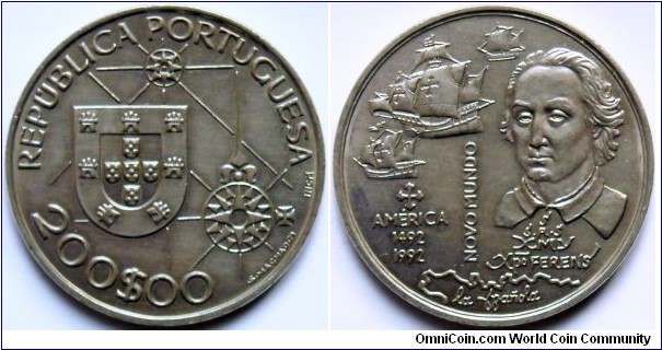 200 escudos.
1992, 500th Anniversary Discovery of America. Christopher Columbus and ships.