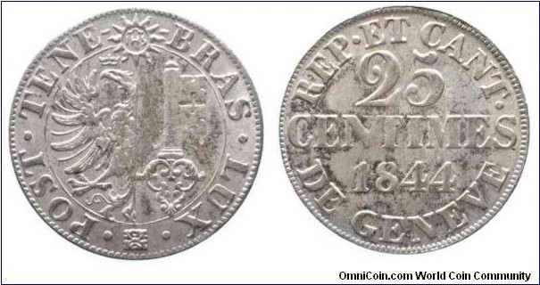 Swiss Geneve 25 Centimes Silver coin.