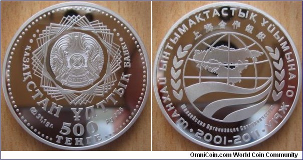 500 Tenge - Shanghai cooperation - 31.1 g Ag .925 Proof - mintage 4,000