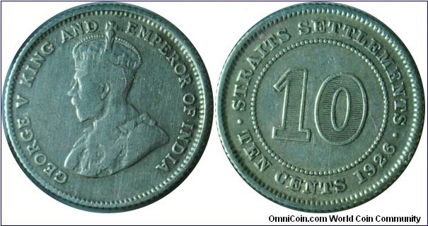 StraitsSettlements(British)10cents GeorgeV -km29b-1926