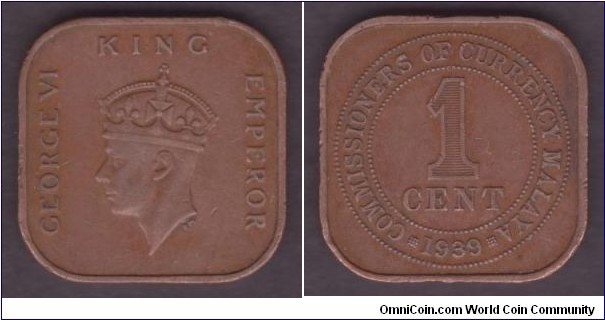 Malaya 1 Cent 1939 KM#2 