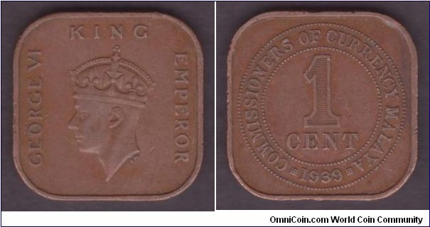 Malaya 1 Cent 1939 KM#2 