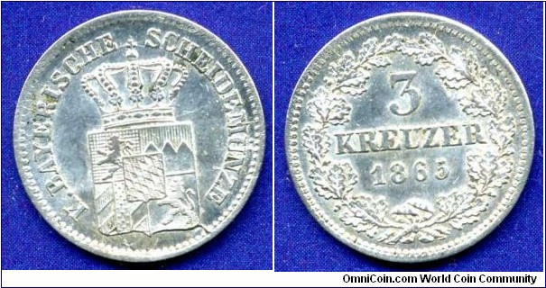 3 kreuzer.
Königreich Bayern.
Ludwig II (1864-1886).
Mintage 832,000 units.


Ag350f. 1,23gr.