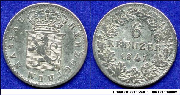 6 kreuzer.
Herzogthum Nassau.
Adolf (1839-1866).
Mintage 321,000 units.


Ag333f. 2,59gr.