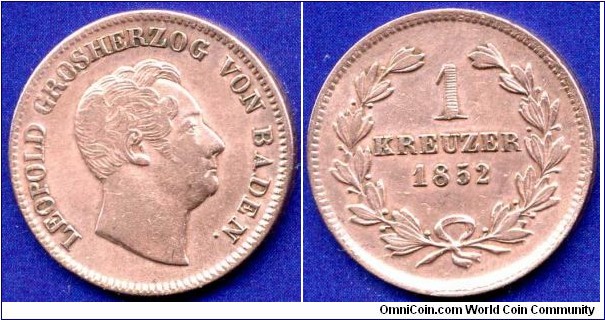 1 kreuzer.
Großherzogthum Baden.
Leopold (1830-1852).
Mintage 821,000 units.


Cu.
