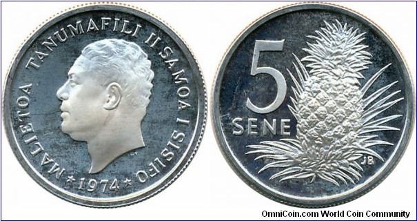 5 Sene, 3.25g, 19.4mm, 0.925 silver, .0966 oz. ASW. Rev. pineapple