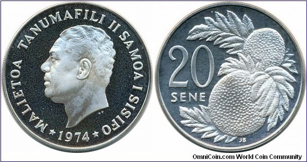 20 Sene, 12.7g, 28.5mm, 0.925 silver, .3777 oz. ASW. Rev. breadfruit