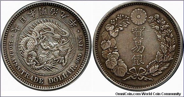 Meiji Emperor (1867-1912) silver trade dollar 貿易銀 (BO EKI GIN), Meiji yr. 9th. Nice original condition. There are only 3 dates in this short-lived competitor to the U.S. trade dollar. All original condition trade dollar are significant undervalued in any catalog.