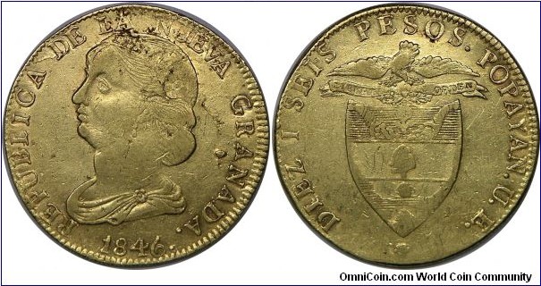 Republic of Nueva Granada (1837-1859), 16 Pesos, 1846 UE. Mint: Popayan. 26.9g, 35mm, 0.8750 Gold, .7595 troy ounces actual gold weight.