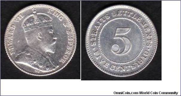 Straits Settlements 1910 B KM#20a 5 Cents