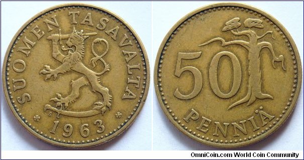50 pennia.
1963, Cu-Al-Ni. Weight; 5,5g. Diameter; 25mm. Reeded edge. Design; Peippo Uolevi Helle. Minted in Finland (Rahapaja Oy) Vantaa. Mintage; 17.316.000 units.