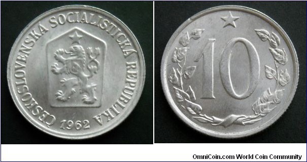 10 haleru.
1962, Czechoslovakia.
Al-Mg. Weight; 1,18g. Diameter; 22mm. Reeded edge. Mint; Kremnica (Mincova Kremnica)