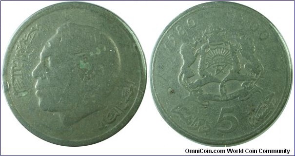 Morocco 5dirhams-y72- (AH1400)1980