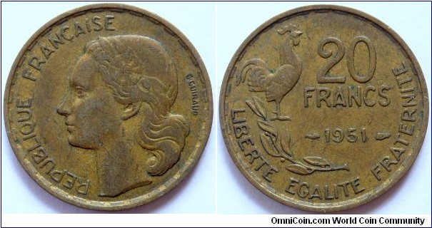 20 francs.
1951, C-Al-Ni. Weight; 4g. Diameter; 23mm. Plain edge. Design; Georges Guiraud. Mint; La Monnaie de Paris (Paris Mint) Mintage; 97.922.000 units.