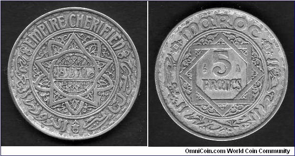 5 Francs__y# 48 (AH1370)__French Protectorate