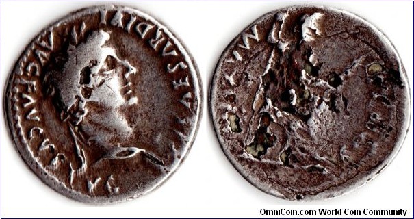 Tiberius silver denarius. Obverse:bust of Tiberius with legend `TI CAESAR DIVI AUG F AUGUSTUS'. Reverse:Livia seated with legend `PONTIF MAXIM'. Nice bust but corrosion reverse.