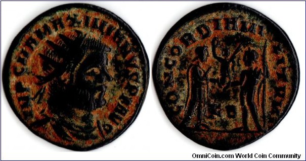 AE follis of Maximianus. Obverse radiate bust with  legend `IMP C M A MAXIMIANUS P F AUG. Reverse: Maximianus standing reveiving Victory on a globe from Jupiter with legend `CONCORDIA MILITUM'.