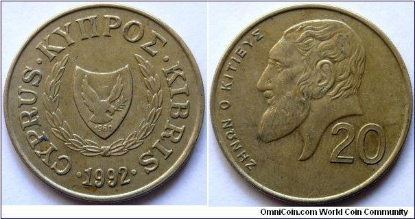 20 cents.
1992, Zeno of Citium.
Cu-Zn-Ni. Weight; 7,75g. Diameter; 27,25mm. Reeded edge. Mintage; 3.000.000 units. 