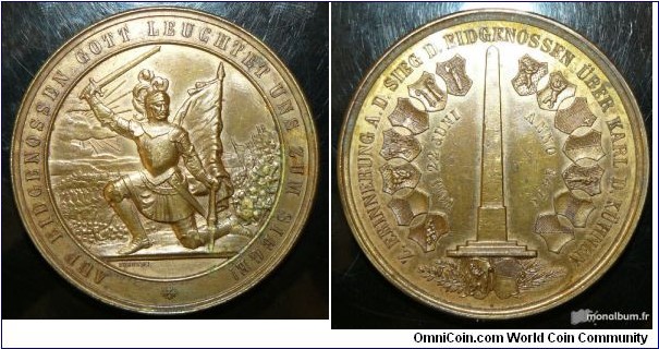 Swiss Battle of Murten Medal by Durussel, Gold plated Bronze. 47 MM 53.73 gm.