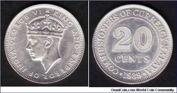 Malaya 1939 KM#5 20 Cents