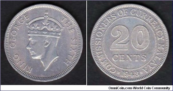 Malaya 1948 KM#9 20 Cents