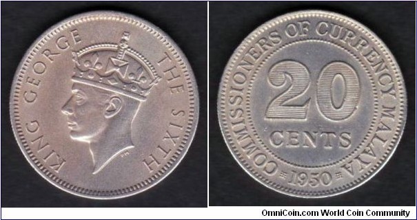Malaya 1950 KM#9 20 Cents