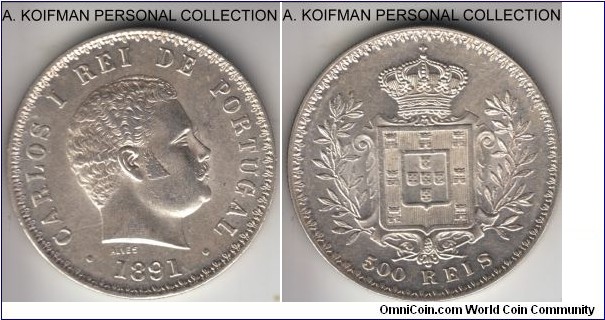 KM-535, 1891 Portugal 500 reis; silver, reeded edge; nice about uncirculated coin, just a hint of wear on king's cheek and a flan defect (lamination) on reverse, common but nice bright lustrous coin.