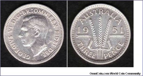Australia 3 Pence 1951 PL KM#44