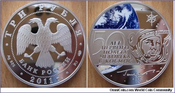 3 Ruble - 50 years of the first man in space : Yuri gagarin - 33.94 g Ag .925 Proof - mintage 7,500