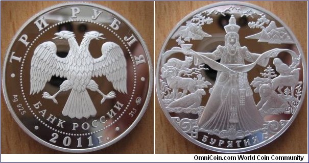 3 Ruble - 350 years of entry of Buriatia in Russian federation - 33.94 g Ag .925 Proof - mintage 3,000