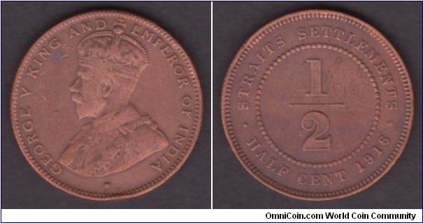 Straits Settlements 1/2 Cent 1916 KM#28 