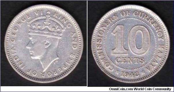 Malaya 10 Cents 1943 KM#4a 