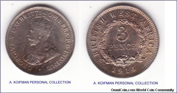 KM-10, 1914 British West Africa, Heaton mint (H mintmark); silver, plain edge; nice almost uncriclauted specimen with a lot of luster and detail.