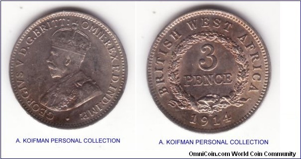 KM-10, 1914 British West Africa, Heaton mint (H mintmark); silver, plain edge; nice almost uncriclauted specimen with a lot of luster and detail.