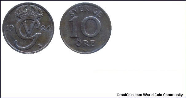 Sweden, 10 ore, 1924, Ni-Bronze, 15mm, 1.5g, Sign of Gustaf V.