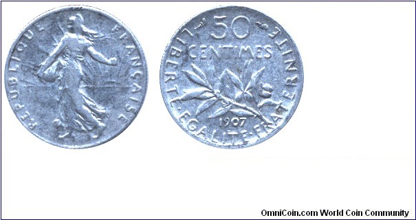 France, 50 centimes, 1907, Ag, 18mm, 2.5g.