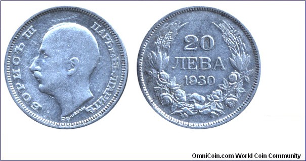 Bulgaria, 20 leva, 1930 Ag, 4g, MM: BP (Budapest), Boris III, the Unifier.