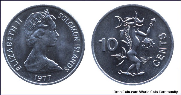 Solomon Islands, 10 cents, 1977, Cu-Ni, 23.6mm, 5.65g,  Queen Elizabeth II, Sea Spirit