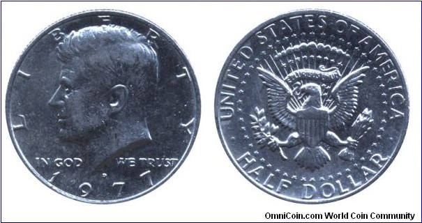 USA, 1/2 dollar, 1977, Cu-Ni, 30.6mm, 11.34g, J. F. Kennedy.