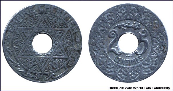Morocco, 25 centimes, no date, Cu-Ni, 24mm, holed, David star.