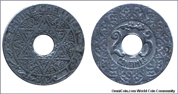 Morocco, 25 centimes, no date, Cu-Ni, 24mm, holed, David star.