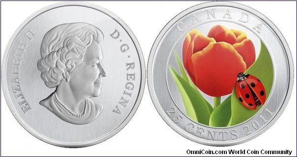 Canada, 25 cents, 2011 Tulip with Ladybug, Coloured coin