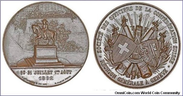 Swiss Geneva Officers' Society of Swiss Confederation Meeting Medal. Obv: General Dufour Statue. Rev: Cantonal Arms in Glory of Weapons & Ray. Bronez 45 MM
