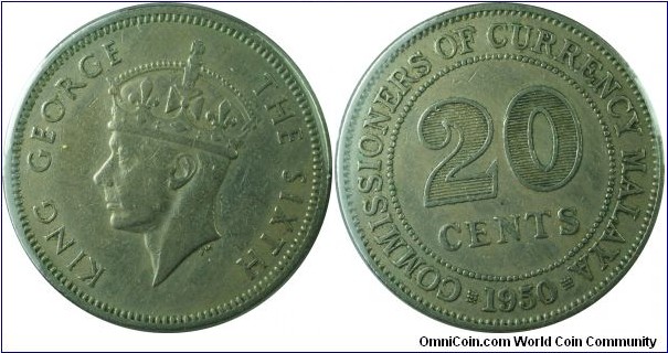 Malaya(British)20cents-km9-1950 George 6th