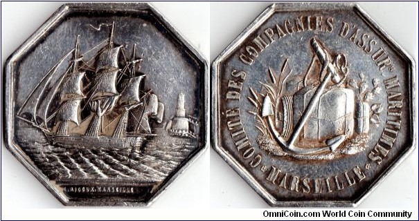 rare silver jeton de presence issued for the Marseille (consortium of maritime assurers). Seldom seen in the marketplace